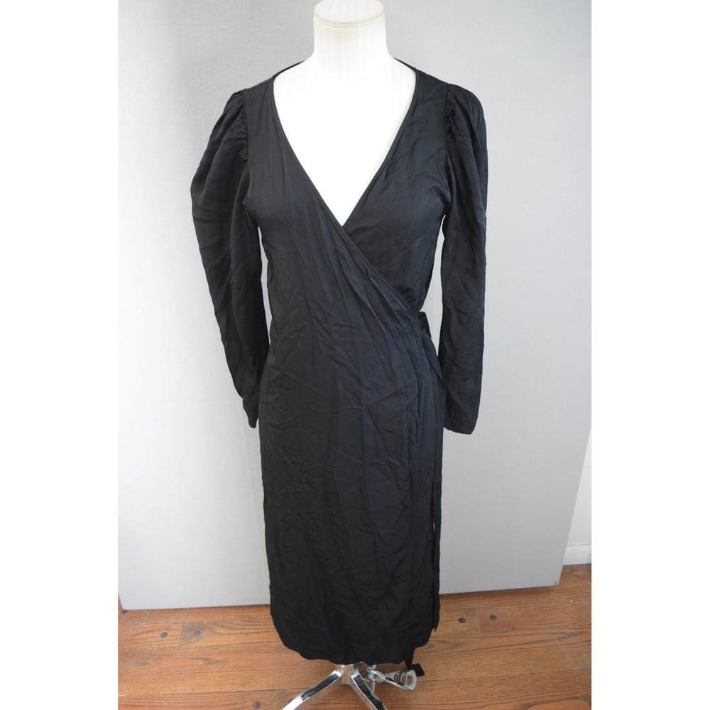& Other Stories Wrap Midi Dress 10 Black Long Sleeve Puff Sleeve Belted Satin